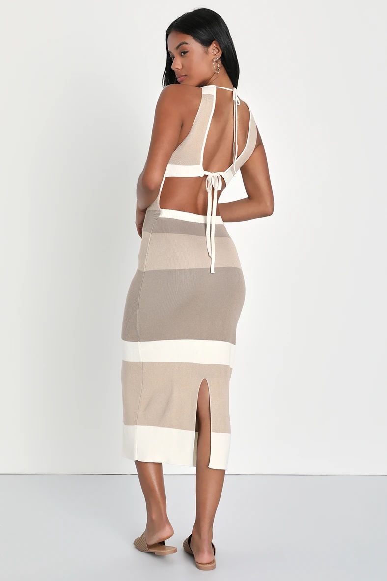 Chic Obsession Beige Striped Tie-Back Sleeveless Sweater Dress | Lulus