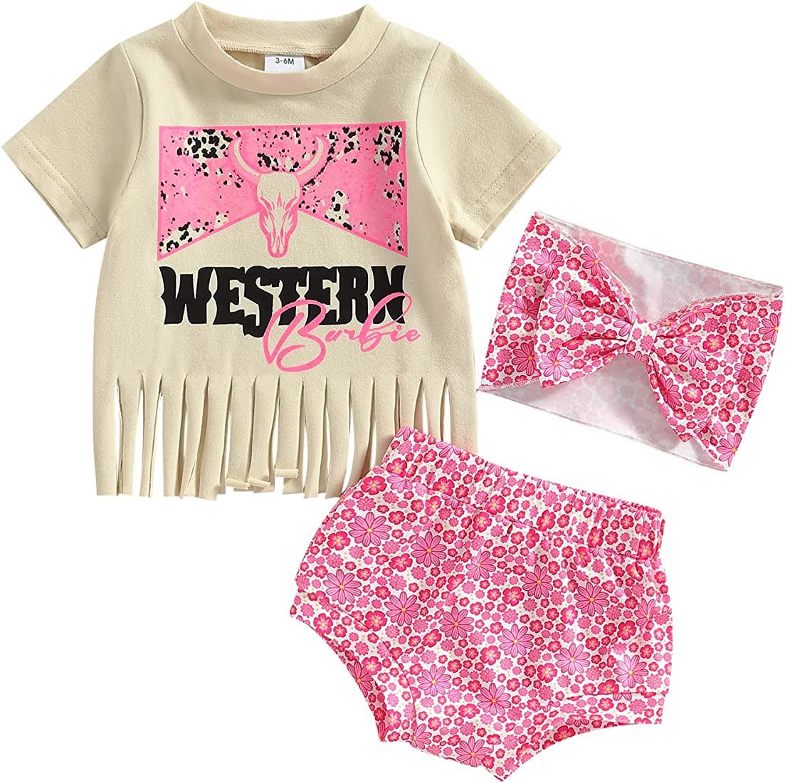 3Pcs Infant Baby Girl Summer Clothes Short Sleeve Cow Print Tassels T-Shirt Tops Floral Shorts He... | Amazon (US)