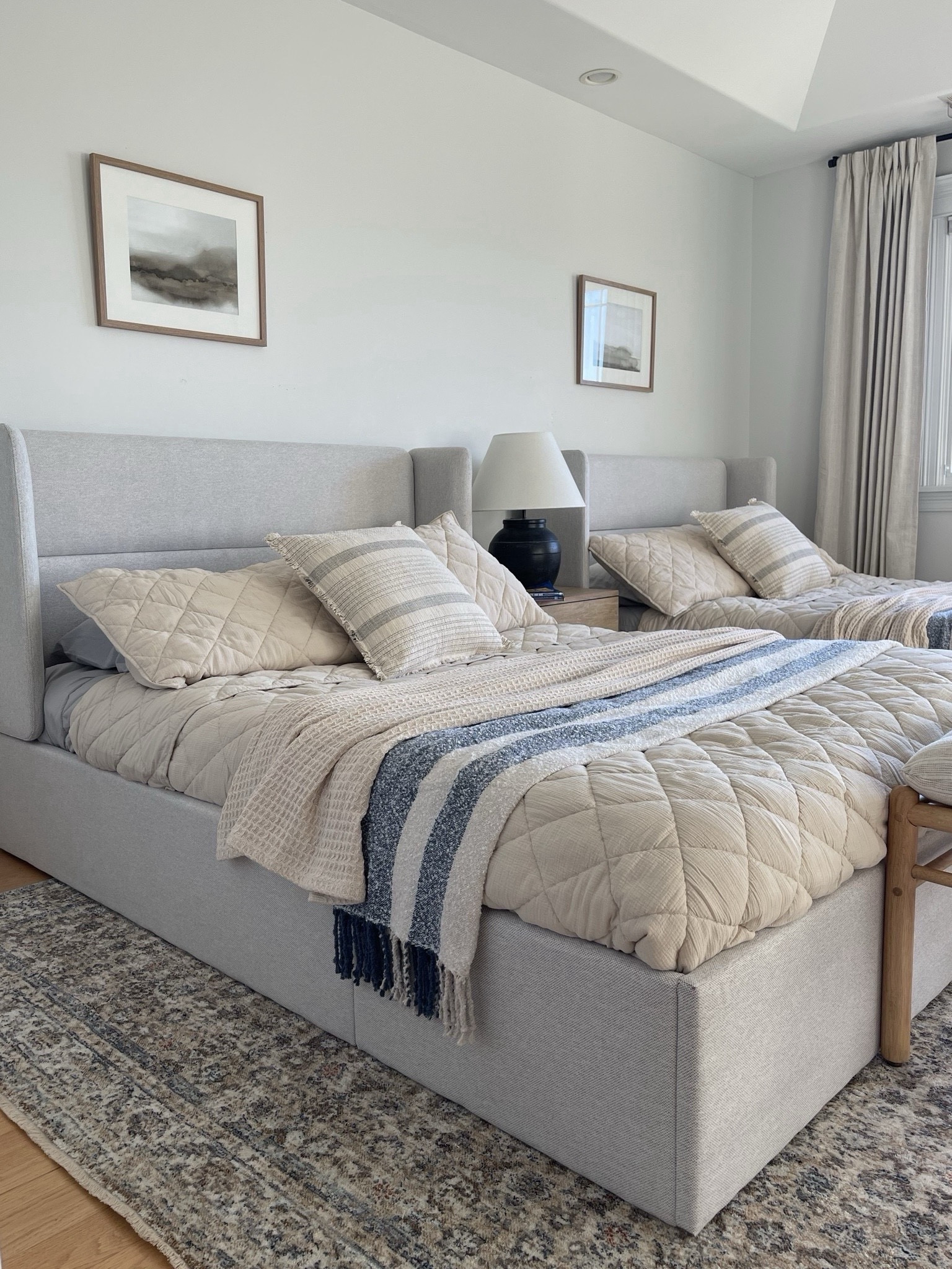 Boys’ shared bedroom view including these beautiful upholstered beds that are ok SALE! They have storage l underneath, you just lift the mattress. Also, bedding looks SO high end but it’s affordable from Walmart. 

@wayfair #wayfair #wayfairfinds #walmart @walmart #walmartfinds #bedding #bedroom 

#LTKSaleAlert #LTKHome