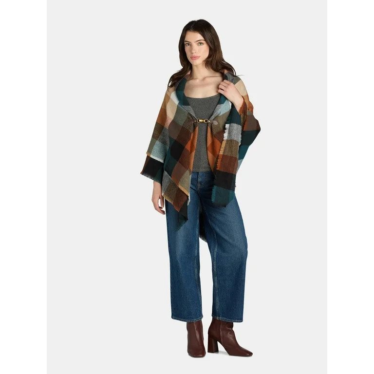 Time and Tru Women’s Plaid Ruana Jacket with Buckle Closure, Size S/M, Brown Acorn | Walmart (US)