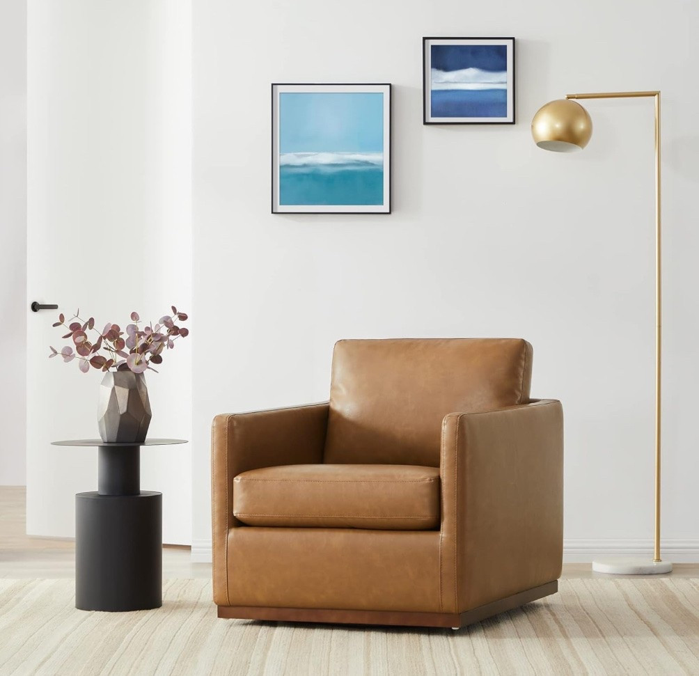 CHITA Swivel Accent Chair, Faux Leather FSC Certified Mid Century Modern Arm Chair for Living Room and Bedroom, Fully Assembled, Saddle Brown, home decor, furniture, deal, sale, Amazon home

#LTKSaleAlert #LTKHome