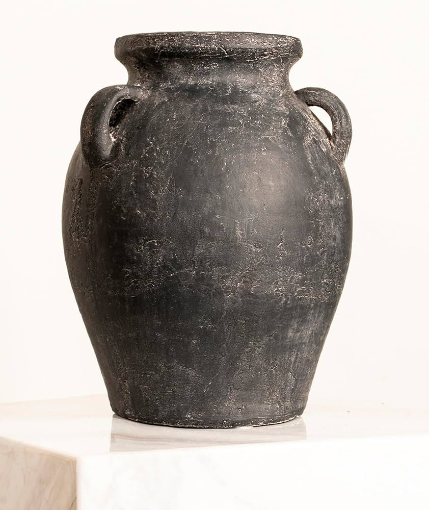 Terracotta Vase with 3 Ear | Handmade Black Ceramic Pottery 9.5'' Tall | Large Distressed Unique ... | Amazon (US)