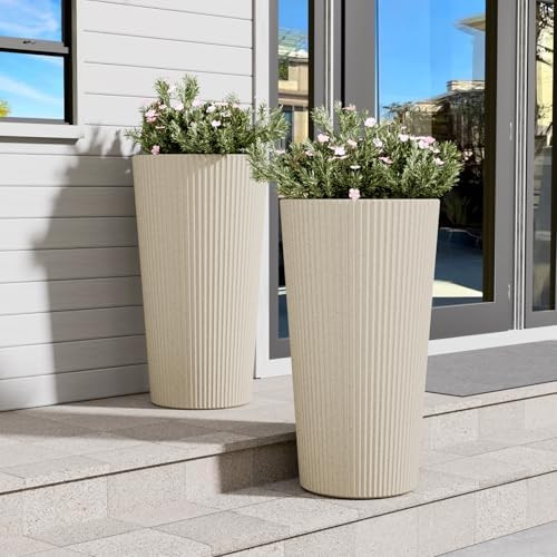 23.6" Tall Planter for Outdoor Plants Set of 2 Large Outdoor Plastic Striped Flower Pots, Front P... | Amazon (US)