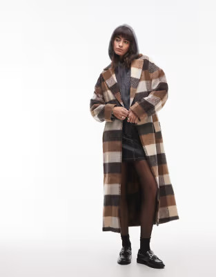 Topshop longline belted wool look coat in brown check | ASOS (Global)