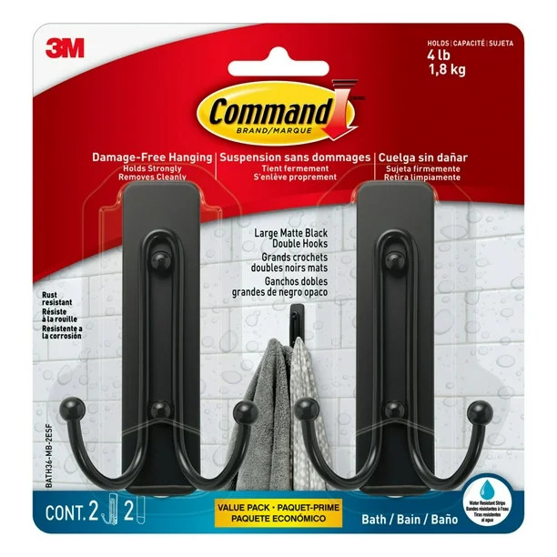 Command Bath Large Matte Black Double Hooks, 2pk | Walmart (US)