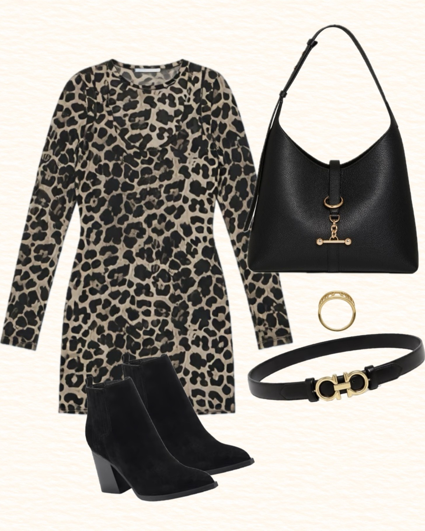 Fall outfit idea for women - leopard print long sleeve dress, black suede booties, black belt, and strathberry kite hobo bag in leather.

#LTKootd #LTKSeasonal #LTKTravel