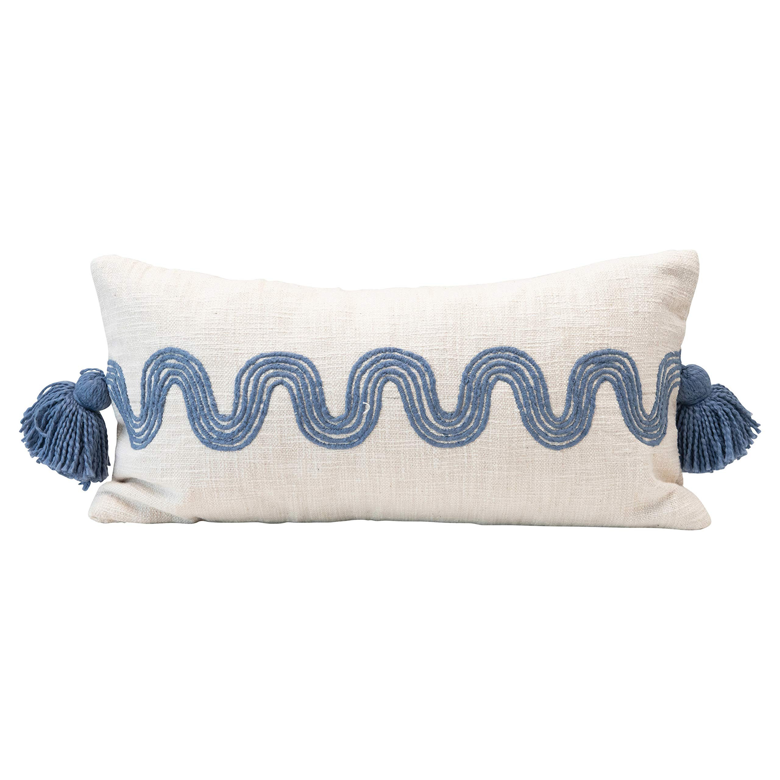 Creative Co-Op Cotton Lumbar Embroidered Curved Pattern & Tassels, Color & Blue Pillow, Cream & B... | Amazon (US)