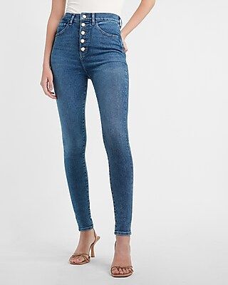 Super High Waisted Medium Wash Button Fly Skinny Jeans | Express