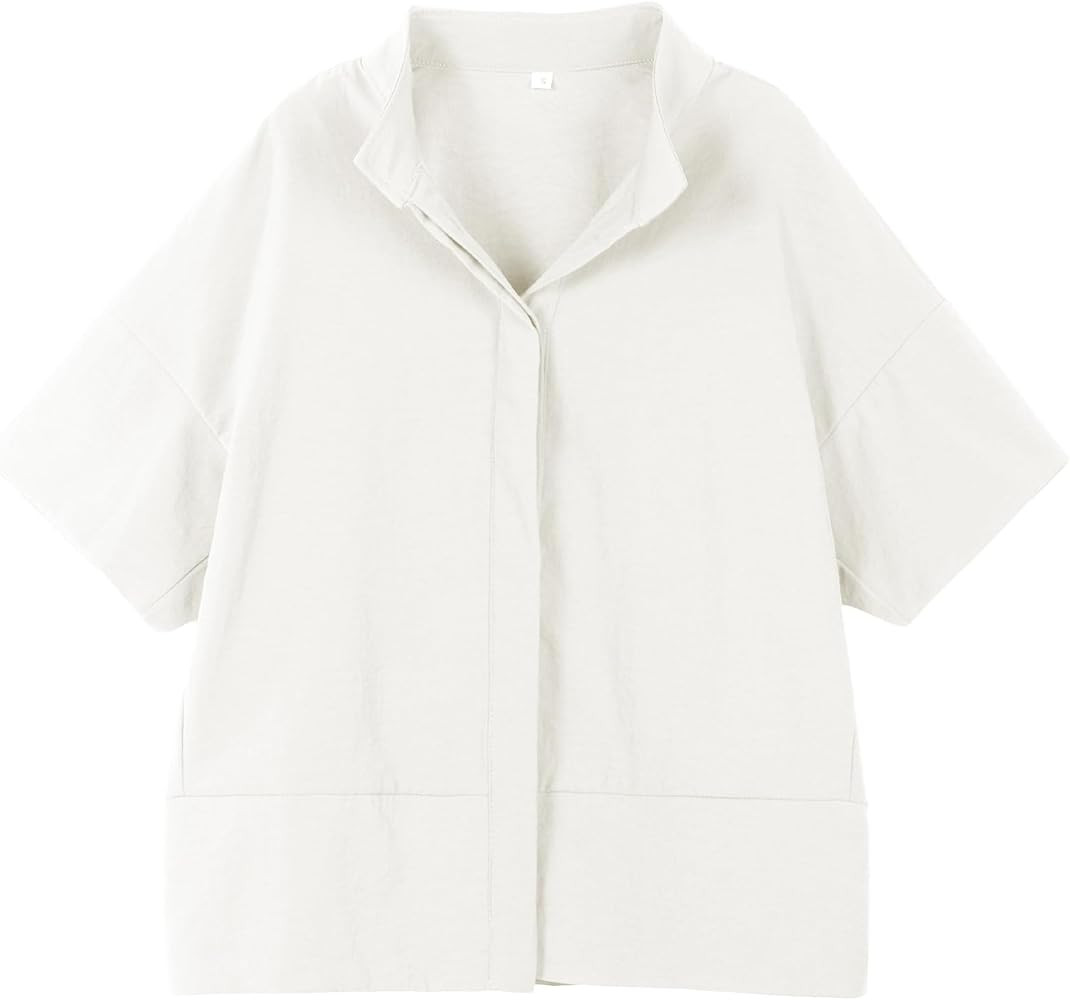 Ainangua Women Casual Button Down Shirts Oversized Short Sleeve Stand Collar Tops Trendy Work Blo... | Amazon (US)
