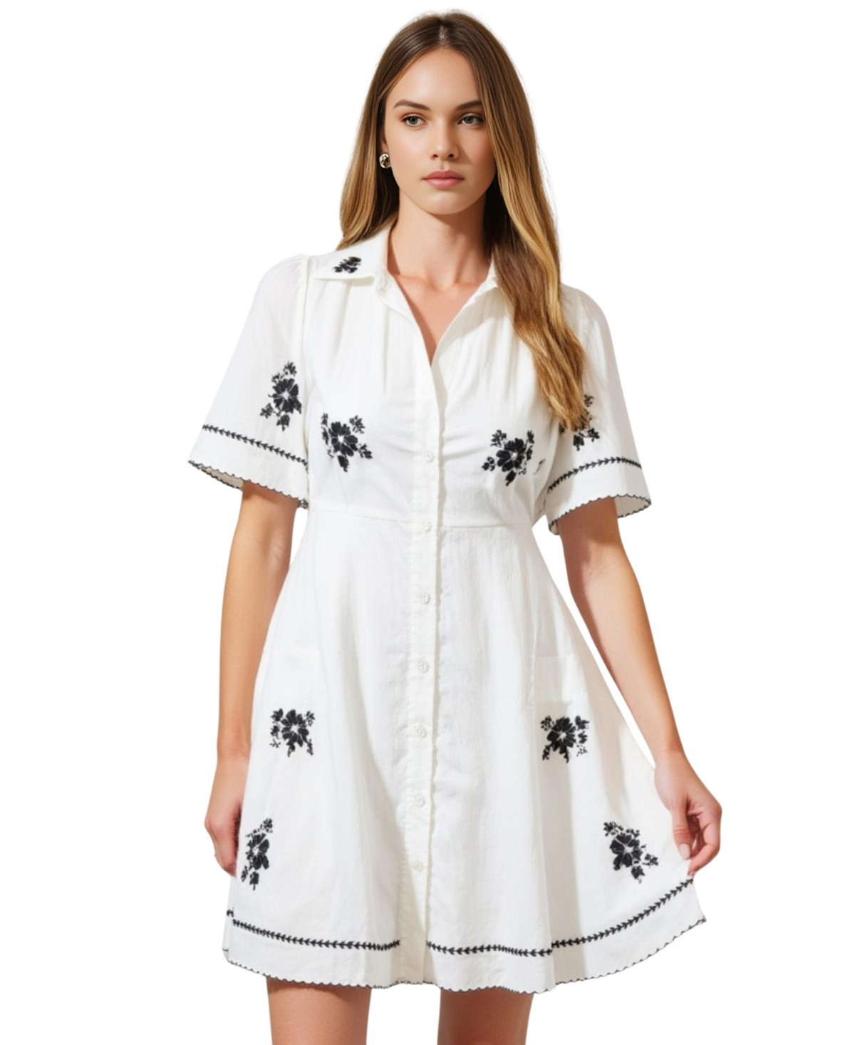 Modenaire Women's Short-Sleeve Embroidered Scalloped Shirt Dress - White | Macy's