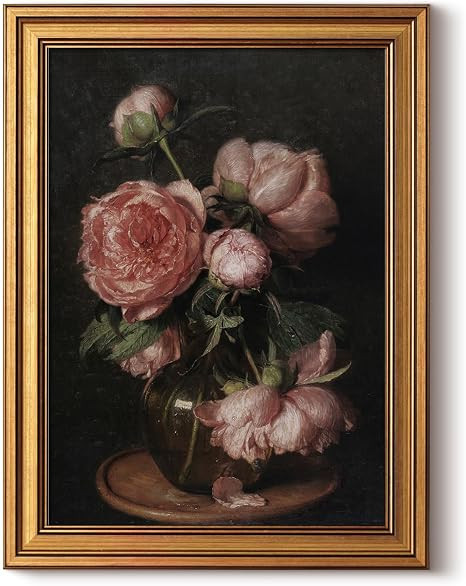 HUARCEY Framed Canvas Wall Art Prints, Bathroom Shelf Vintage Decor Aesthetic, Peony Floral Paint... | Amazon (US)