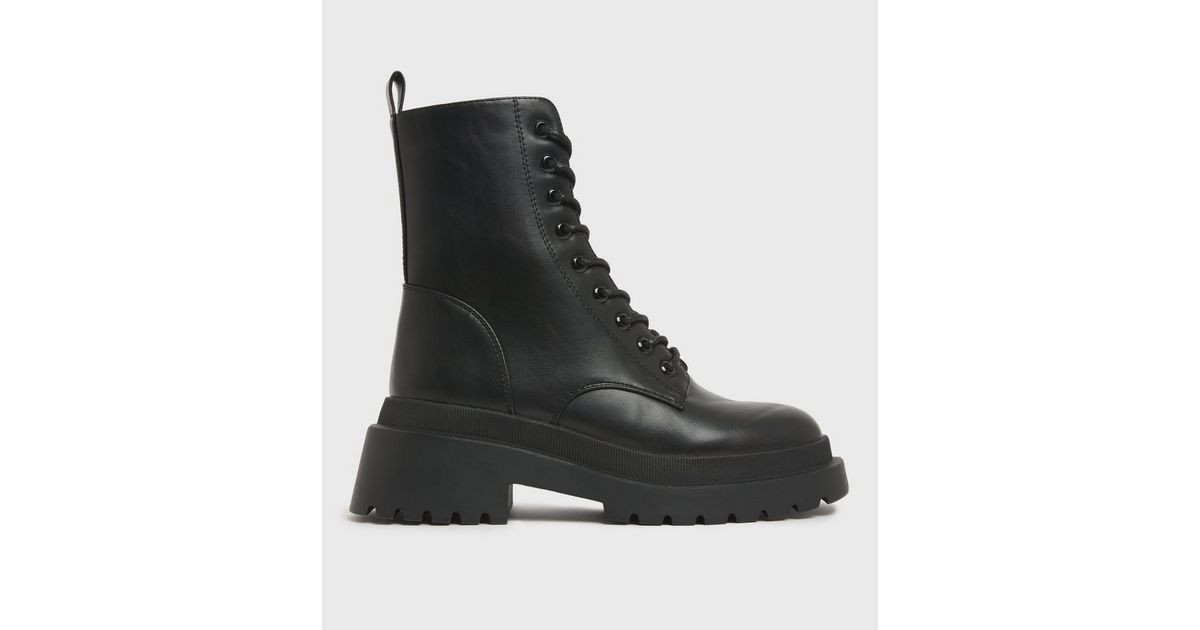 Black Lace Up Chunky Cleated Biker Boots | New Look | New Look (UK)