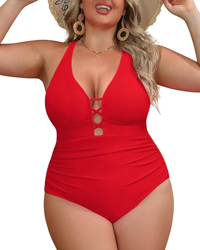 Yonique Women Plus Size One Piece Swimsuit Tummy Control Bathing Suits Lace up Plunge Swimwear | Amazon (US)