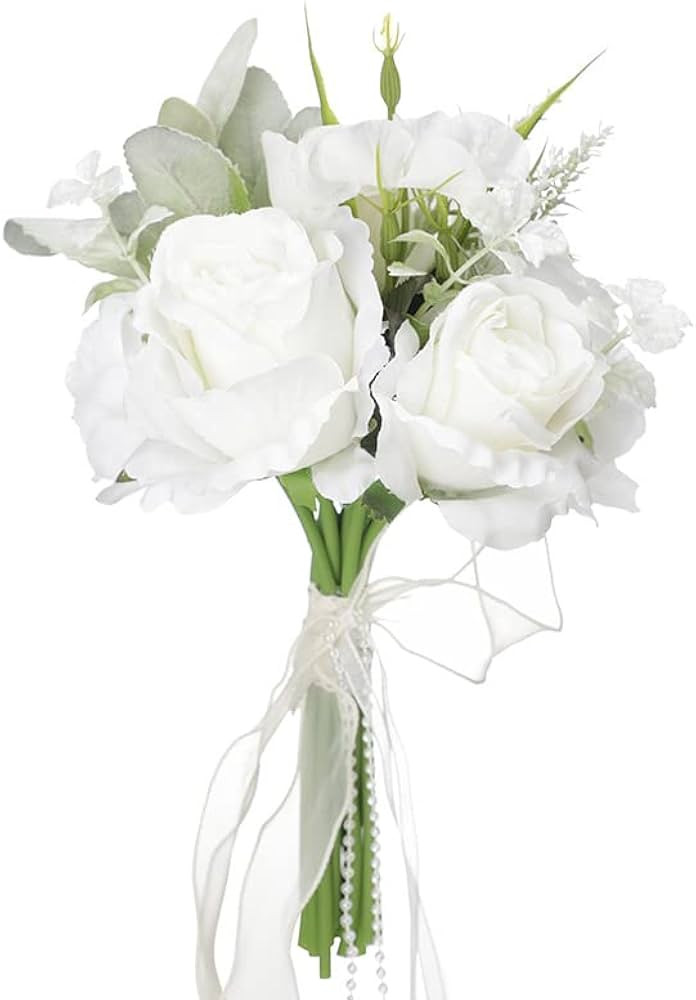 Wowagoga 13 Inch Wedding Bouquet with Pearl Chains Ribbons, Artificial Rose Flower for Bride Brid... | Amazon (US)