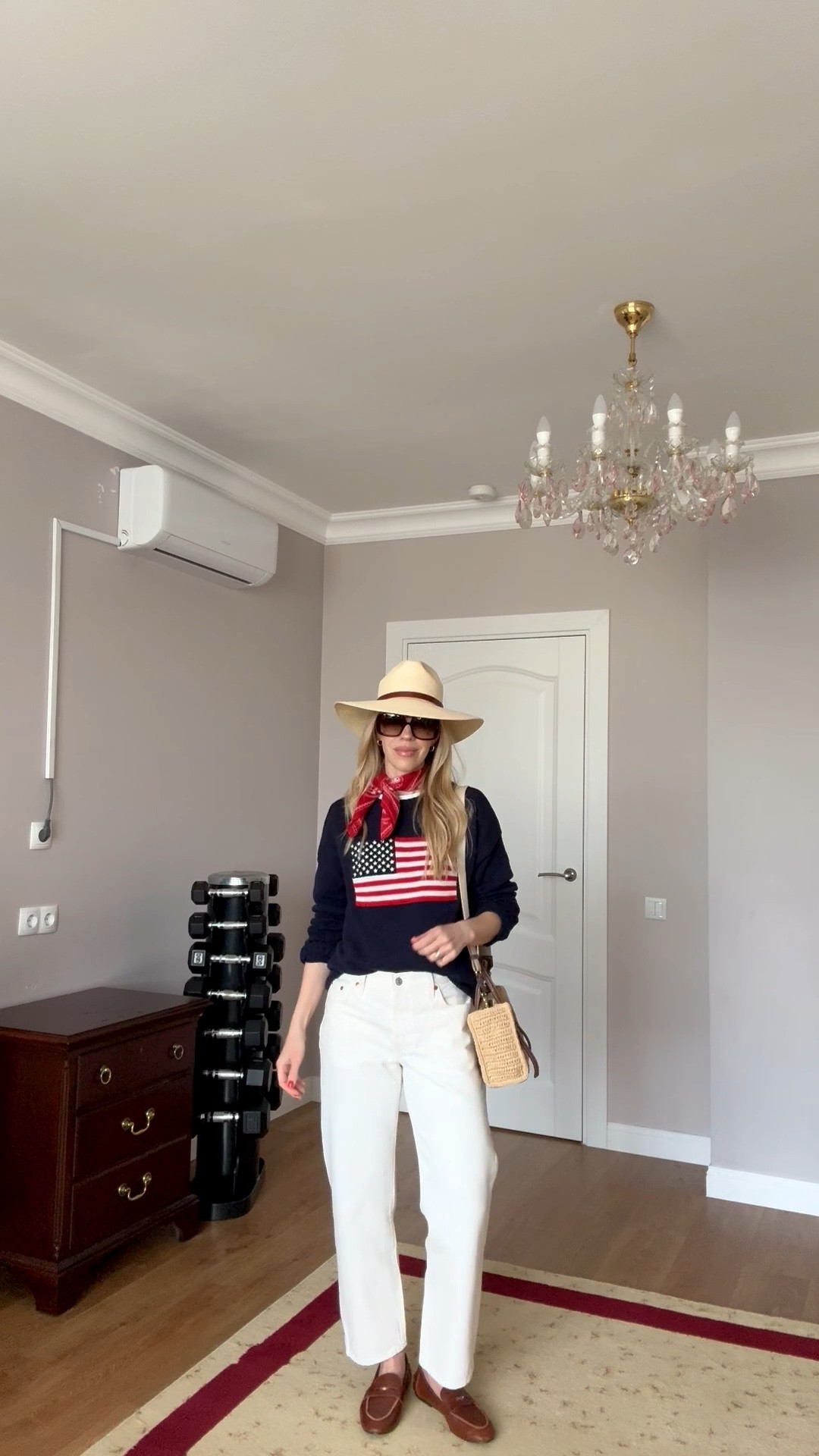 Fourth of July outfit, American flag sweater, @levi white baggy jeans, @Zara leather loafers, straw bag, red white and blue outfit

#LTKgrwm #LTKSeasonal #LTKOver40