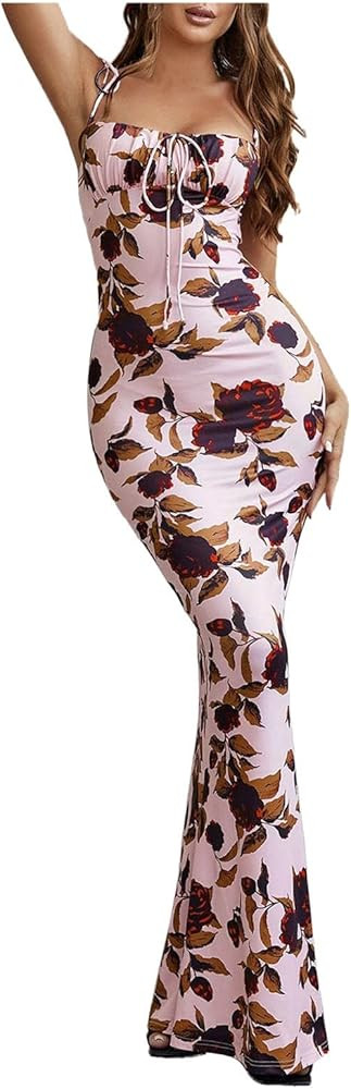 Women's Summer Bodycon Long Maxi Dress Square Neck Spaghetti Strap Floral Stretch Sexy Backless S... | Amazon (US)