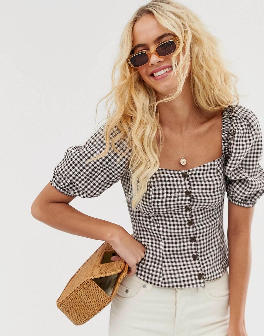 & Other Stories linen puff sleeve top in brown gingham | ASOS (Global)