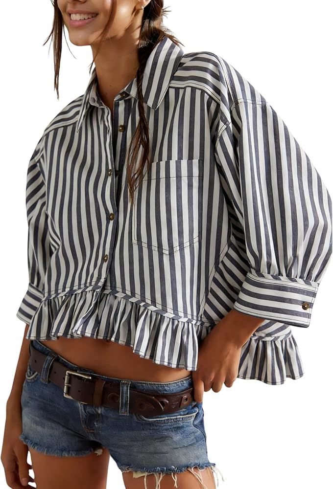 InterNos Womens Striped 3/4 Sleeve Blouse Loose V Neck Button Down Ruffled Hem Vertical Shirt Top... | Amazon (US)