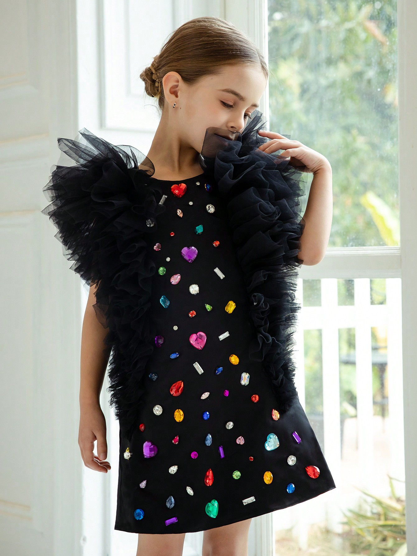 Young Girl Handmade Rhinestone Mesh Sleeveless Princess Dress, Suitable For Christmas Party, Birt... | SHEIN