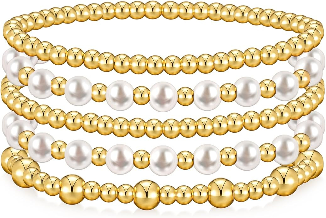 Gold Bracelets for Women Gold Bracelet Stack Pearl Beaded Bracelets for Women 14K Gold Plated Str... | Amazon (US)