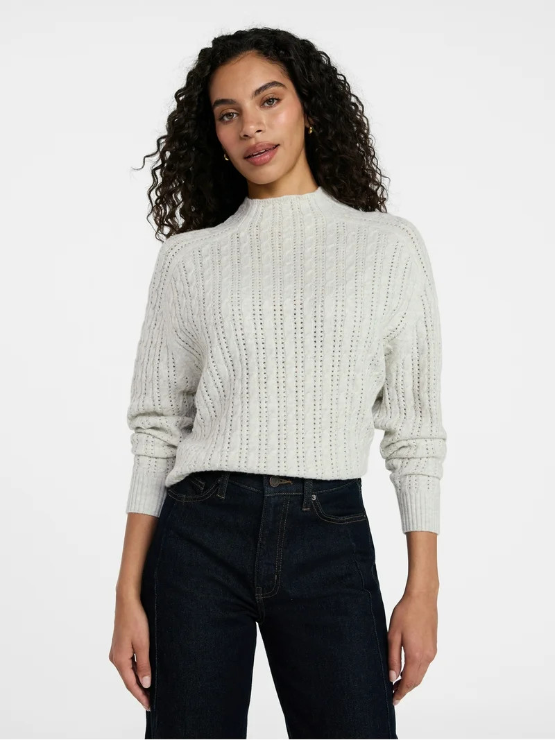 Time and Tru Women's Pointelle Mock Neck Sweater with Long Sleeves, Lightweight, Sizes, XS-XXXL | Walmart (US)
