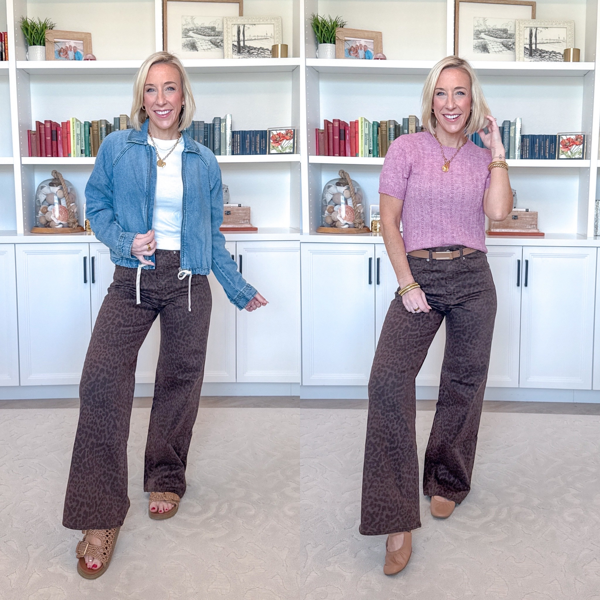 Leopard Jean - 1 pair - 6 easy outfits. High Rise Leopard Print Wide-Leg Jeans - I’m wearing a size 25, regular length, but I want to order the size 25 (wasn’t in store) and in the short length. Currently 60% off PLUS an extra 10% off in cart! (now $32.40!). Denim Bomber Jacket - size XS. $36. White Ribbed T-Shirt - size small. Short Sleeve Pointelle Crewneck Sweater - size small. $25. 

 

#LTKootd #LTKOver40 #LTKSaleAlert