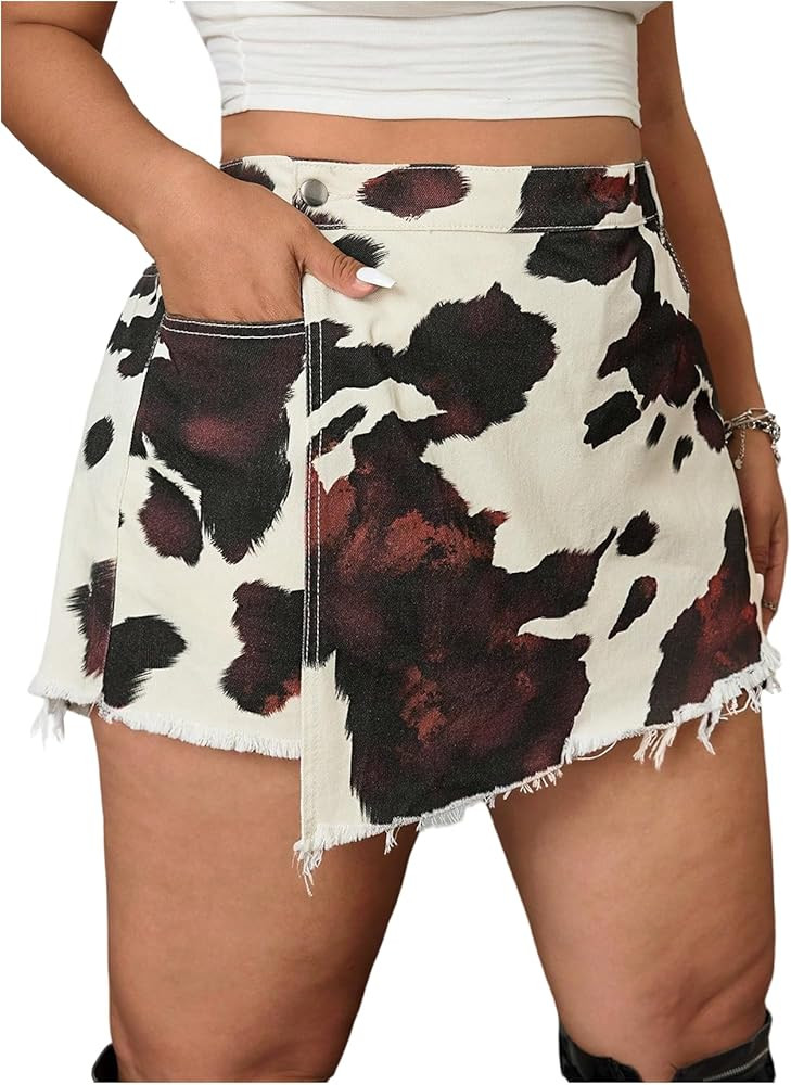 WDIRARA Women's Plus Size Cow Print Denim Skorts High Waisted Raw Hem Wrap Skirts Shorts | Amazon (US)