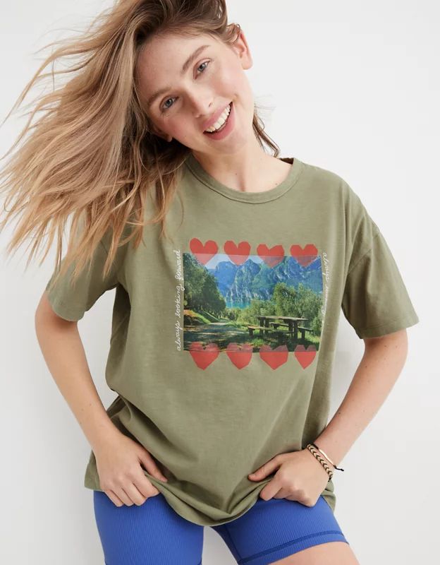 Aerie Distressed Graphic Oversized Boyfriend T-Shirt | American Eagle Outfitters (US & CA)