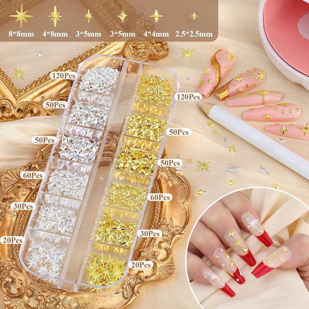 2640Pcs 3D Star Nail Charms, Gold & Silver Multi-Shapes Metallic Nail Art Gems and Small Round Ca... | Amazon (US)