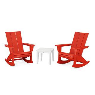 Modern Curveback Adirondack Rocking Chair Sunset Red/White 3-Piece HDPE Plastic Patio Conversation Set | The Home Depot