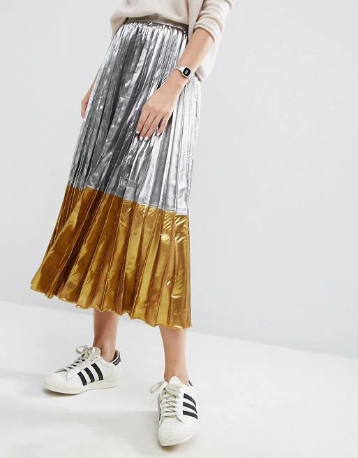 ASOS Pleated Midi Skirt in Metallic with Contrast Hem at asos.com | ASOS US
