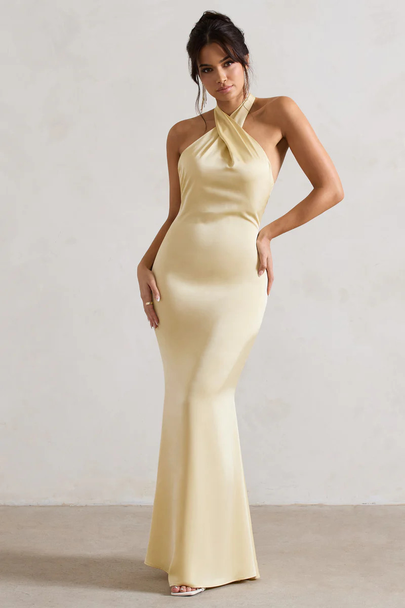 Unbeatable | Lemon Satin Cross Over Halter-Neck Maxi Dress | Club L London