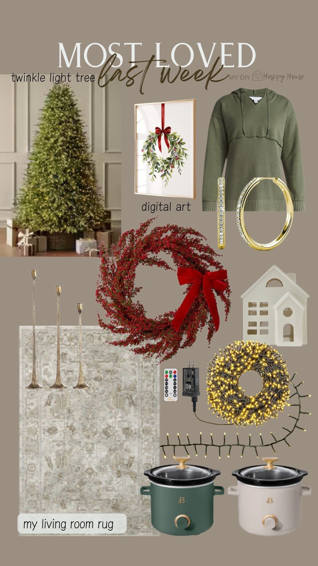 Last weeks most loved and best sellers:

•viral twinkle light tree
•digital art
•mixed media hoodie
•berry wreath 
•hoop earrings 
•ceramic houses
•cluster twinkle lights 
•my living room rug 
•candlesticks 
•set of 2 mini slow cookers (perfect for side dishes or hot cocoa/cider 


Christmas decor, gift ideas, last weeks favorites 

#LTKHome #LTKHoliday #LTKSeasonal