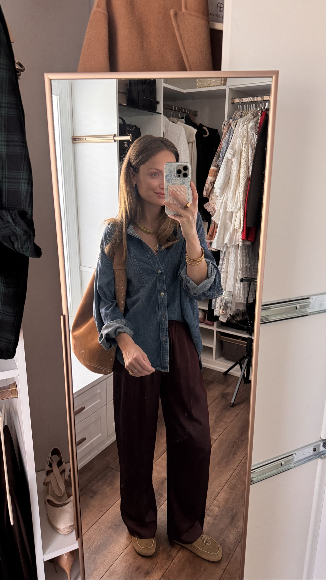 I love satin pants for this time of year especially when it’s still warm out. Very chic with a simple tee and sandals or a denim shirt and clogs. 
Wearing a small in the denim shirt (could have sized down!)
Xs long in the satin pants (run one size big in the Abercrombie ones!) 
Slip on clogs TTS

#LTKootd