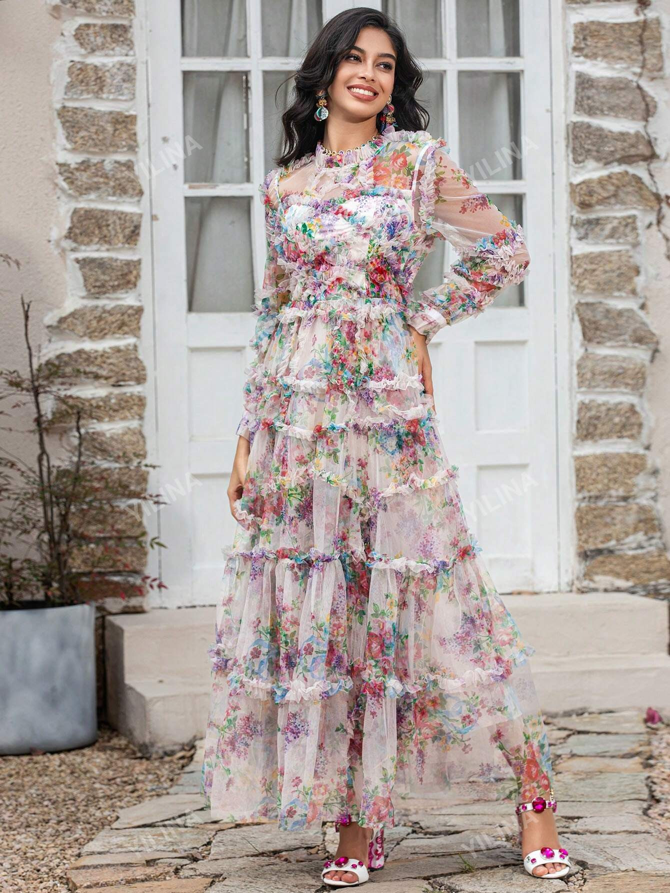 Lapel Lantern Sleeve Ruffled Heavy Mesh Printed Waist Cinching Puffy Swing Long Gown Dresses | SHEIN