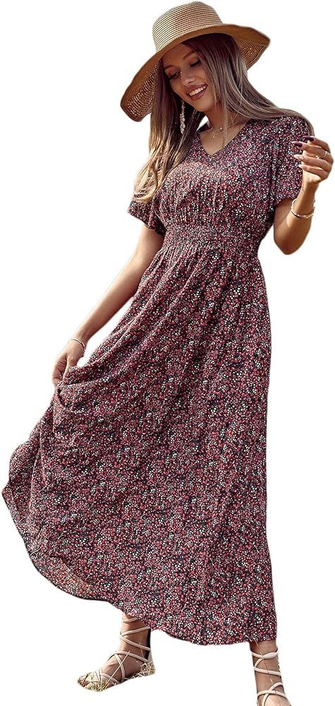 Floerns Women's Boho Ditsy Floral Short Sleeve A Line Flared Midi Dress | Amazon (US)