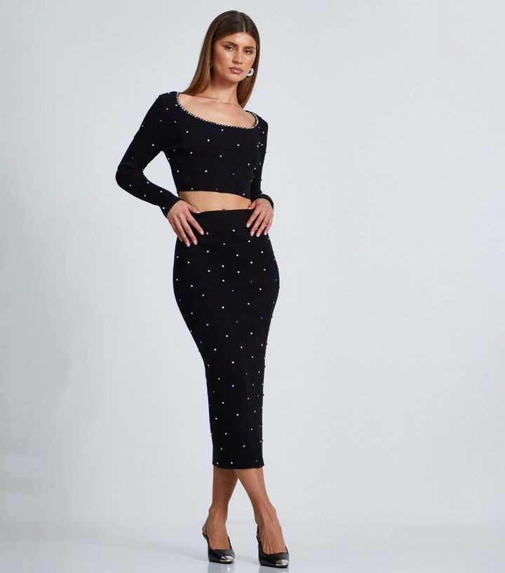 QUIZ Black Diamante Embellished Cropped Jumper | New Look | New Look (UK)