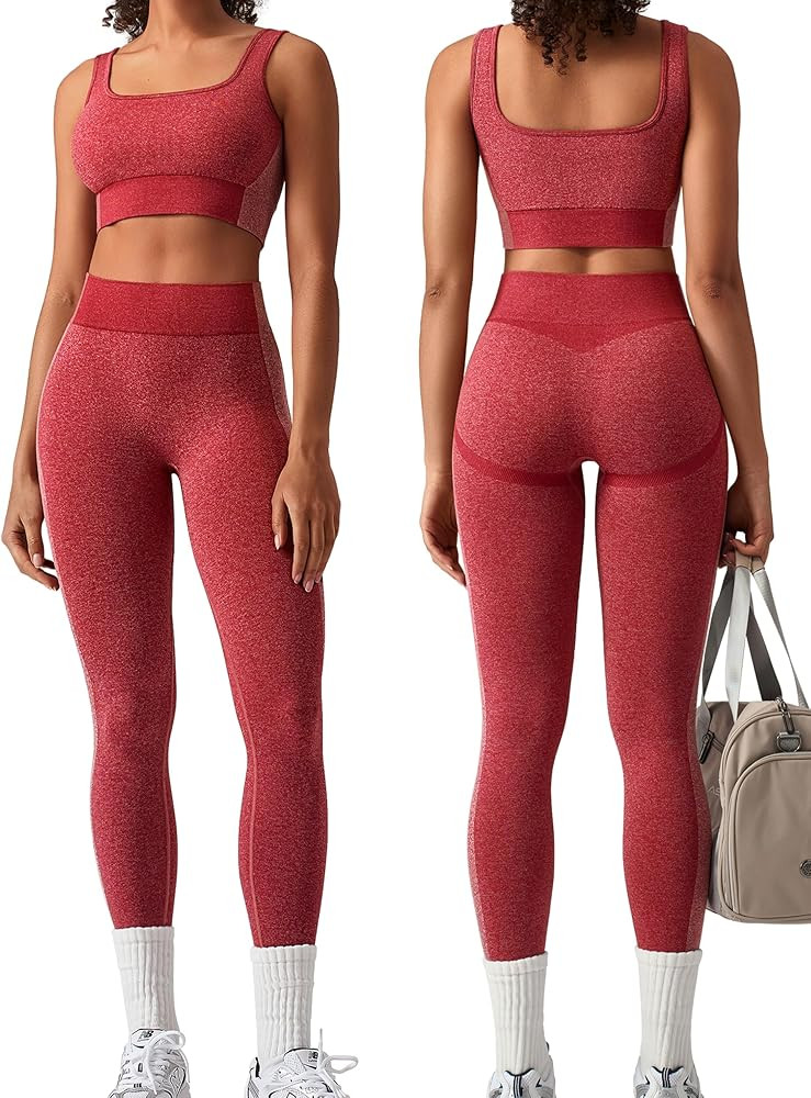 Amazon.com: OLCHEE Womens Workout Sets 2 Piece Seamless Square Neck Sports Bra Padded Butt Liftin... | Amazon (US)