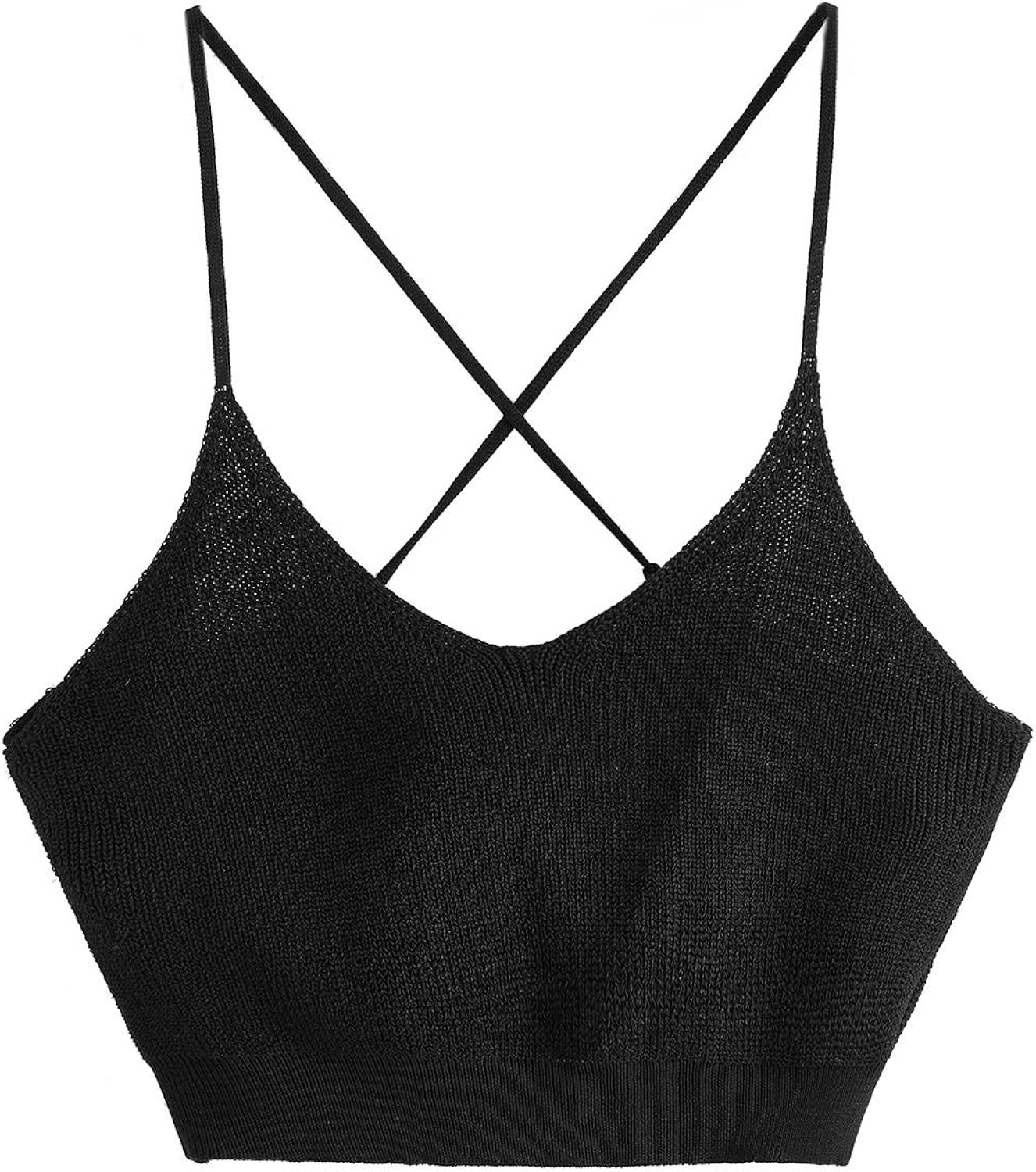 SweatyRocks Women's V Neck Crop Cami Top Ribbed Knit Spaghetti Strap Sleeveless Vest | Amazon (US)