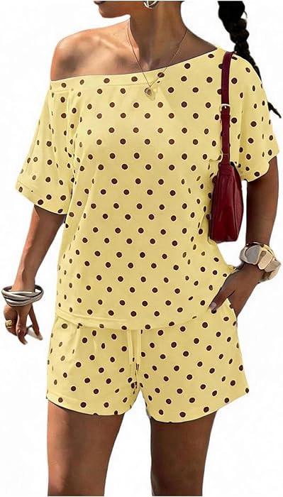 Floerns Women's 2 Piece Polka Dots Set Off The Shoulder Tops Shorts Sets | Amazon (US)
