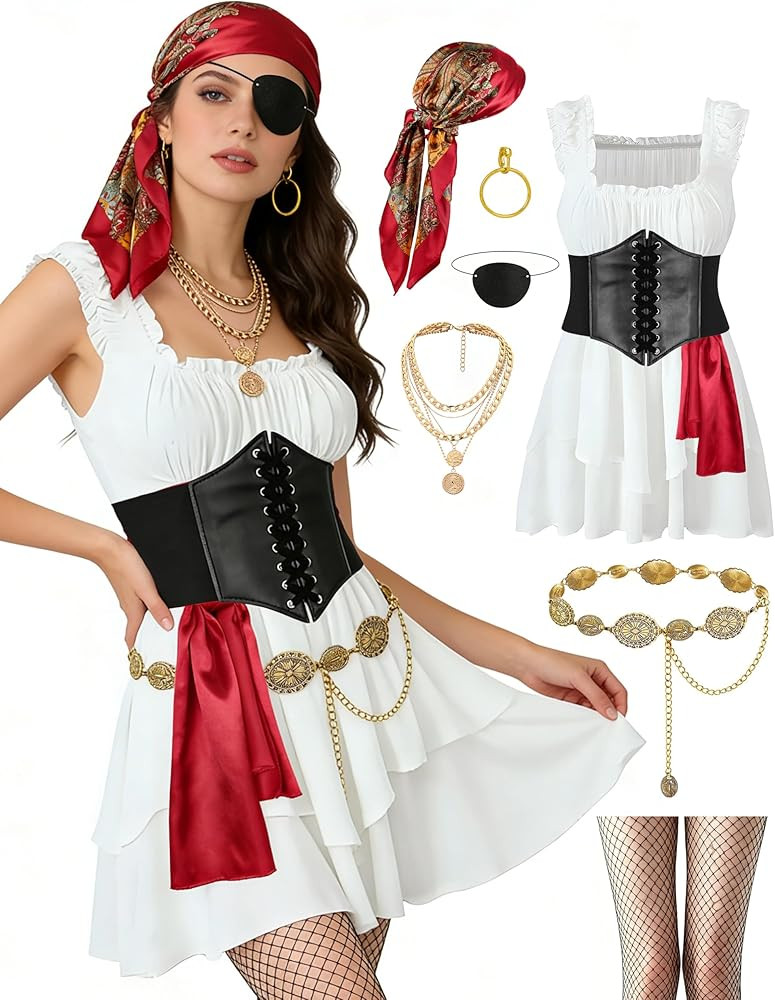 Angelaicos Adult Women's Pirate Costume with Sleeveless Dress Corset Accessories for Halloween Ro... | Amazon (US)