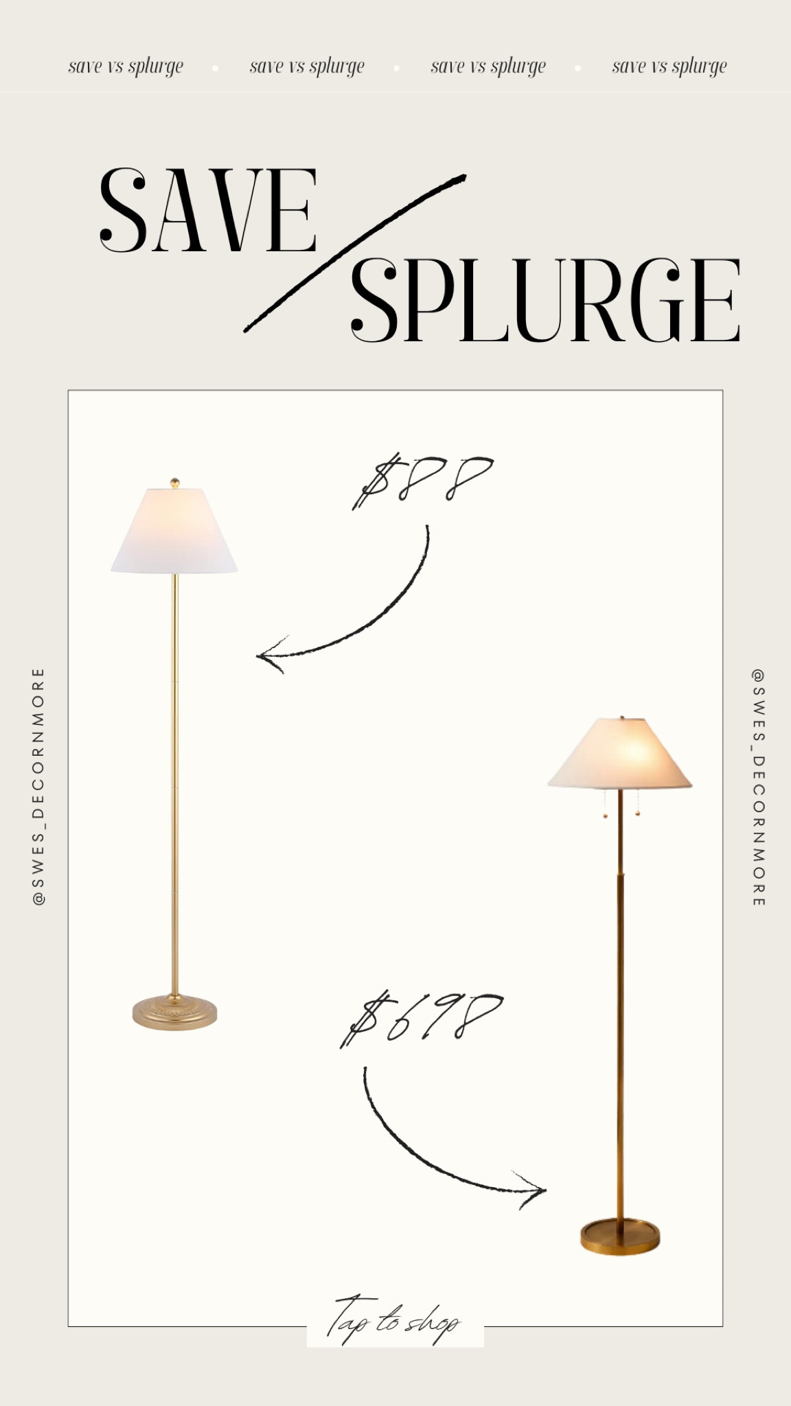 Save or Splurge on this floor lamp! The one from Serena & Lily is beautiful and is a darker tone of gold. I think I would go with the budget friendly one from Amazon which gives a very similar aesthetic! 

#LTKFindsUnder100 #LTKHome