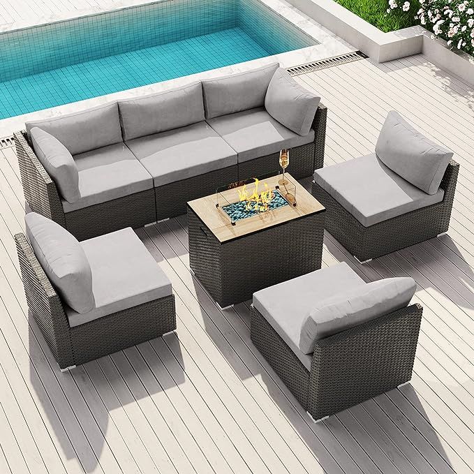 MODENZI Patio Furniture Outdoor Sectional with Propane Fire Pit Table Espresso Brown Wicker Resin... | Amazon (US)