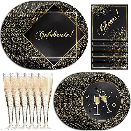 New Years Eve Party Supplies 2022-32 Servings - Gold Champagne Flutes Disposable, Dinner Plates D... | Amazon (US)