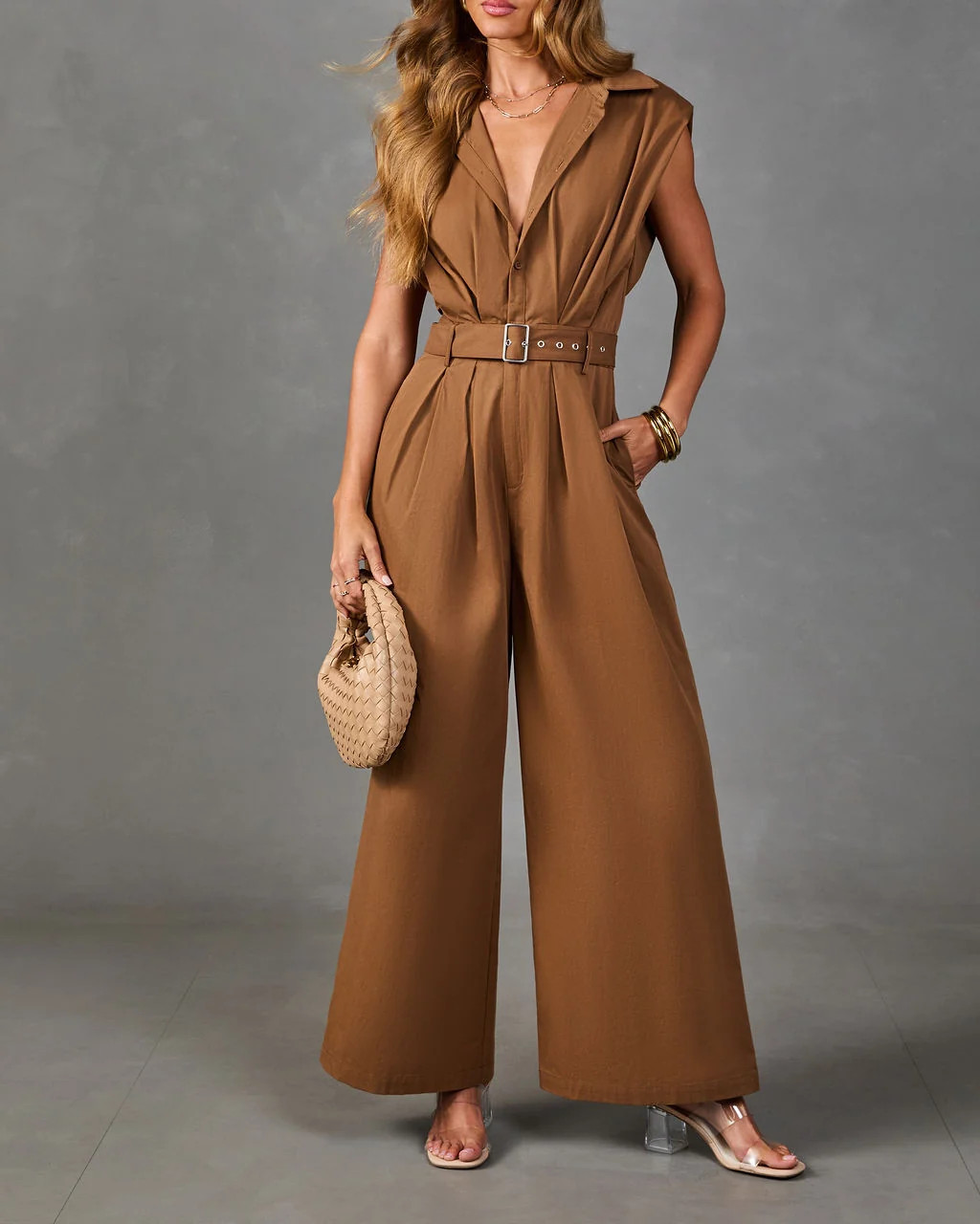 Selena Pleated Cotton Belted Jumpsuit | VICI