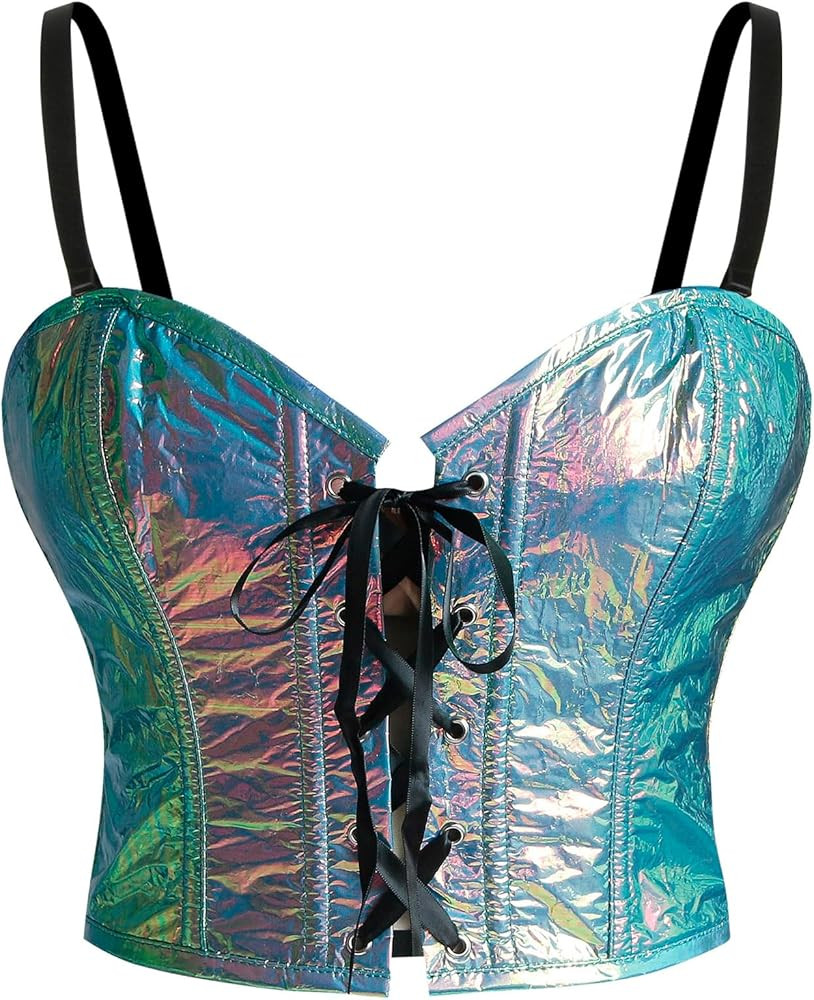 Charmian Women's Y2K Shiny Faux Cowhide Iridescent Rave Bustier Corset Crop Top | Amazon (US)