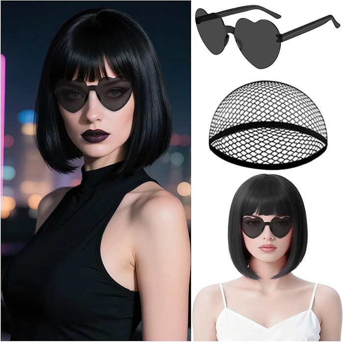 MEEZY Black Short Bob Wigs Straight Hair with Flat Bangs Neon Wig Synthetic | Amazon (US)