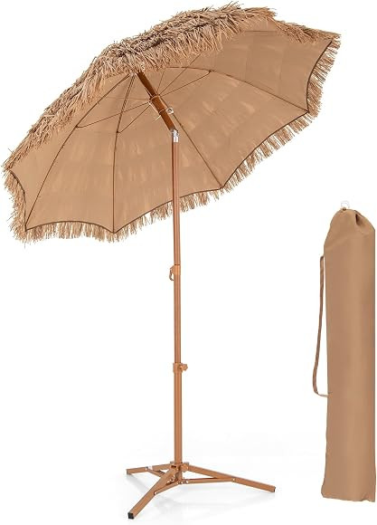 RELAX4LIFE 6.5FT Tiki Patio Umbrella with Base - Hawaiian Style Tilt Beach Umbrella w/8 Ribs, Fol... | Amazon (CA)