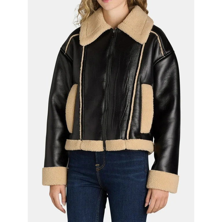 Time and Tru Women's and Women's Plus Bonded Faux Shearling Bomber Jacket, Sizes XS-3X | Walmart (US)