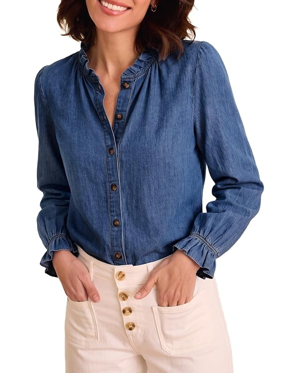 Sidefeel Womens Button Down Denim Shirts Long Sleeve Ruffle Jean Shirts Blouse Top | Amazon (US)
